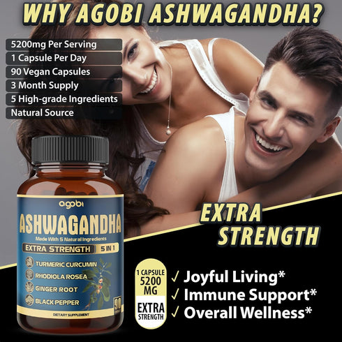 Ashwagandha Extract Capsule - Great Strength - 5in1 Blended Ginger, Turmeric, Rhodiola Rosea & Black Pepper - 90 Capsules for 3 Months - Strength,...